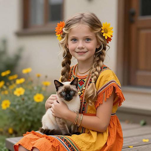 Blonde Girl with Cat and Flowers