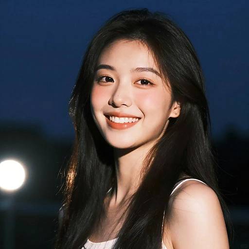 Photograph of a young Asian woman with long black hair, smiling, wearing a white tank top, illuminated by a bright light against a dark blue night