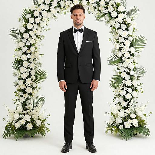 Photograph of a handsome man in a black tuxedo with bow tie, standing in front of a floral arch of white flowers and greenery.