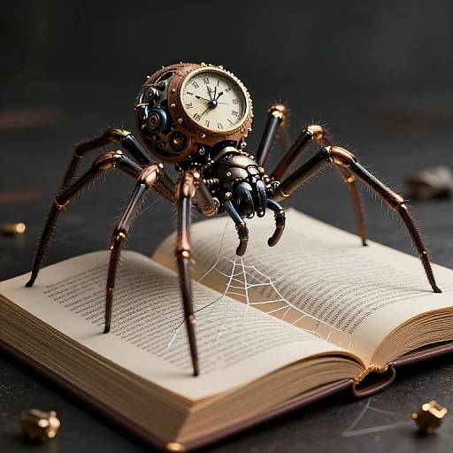 Photograph of a steampunk clock spider with brass legs and black body, standing on an open book with a web, against a dark background.