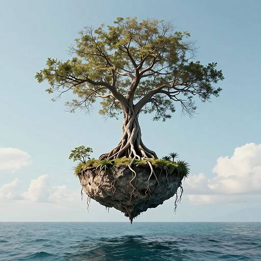 Photorealistic CGI of a floating island with a large tree, surrounded by ocean, under a clear blue sky.