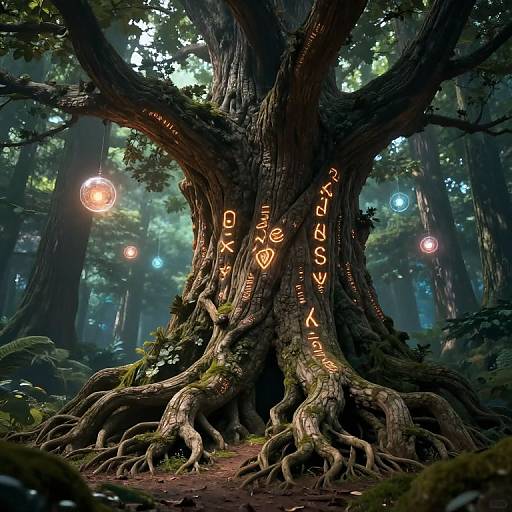 Mysterious forest tree with glowing runes and hanging lights, roots sprawling, surrounded by dense greenery in a magical, enchanted setting.