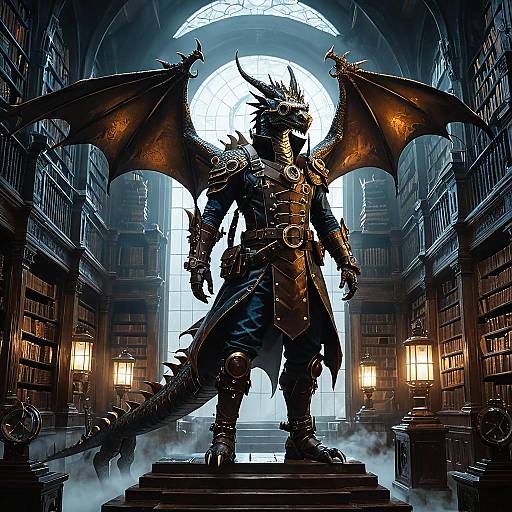 Steampunk Bronze Dragon in Ancient Library