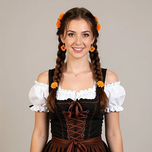 Photograph of a smiling young woman with braided brown hair, orange flower hairpins, wearing a black corset dress with white puffed sleeves,