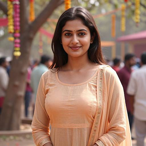 Photograph of a smiling Indian woman with medium-dark skin, long black hair, wearing an orange kurta and dupatta, standing outdoors amidst a blurred
