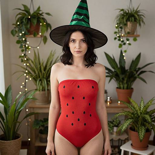 Woman in Witch Hat and Watermelon Swimsuit