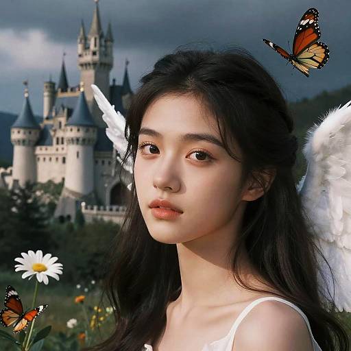 Angel at Twilight Castle With Flowers