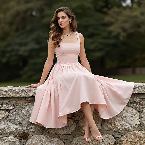 Photograph of a beautiful woman with wavy brown hair, wearing a pale pink, sleeveless, A-line dress and silver heels, sitting on a