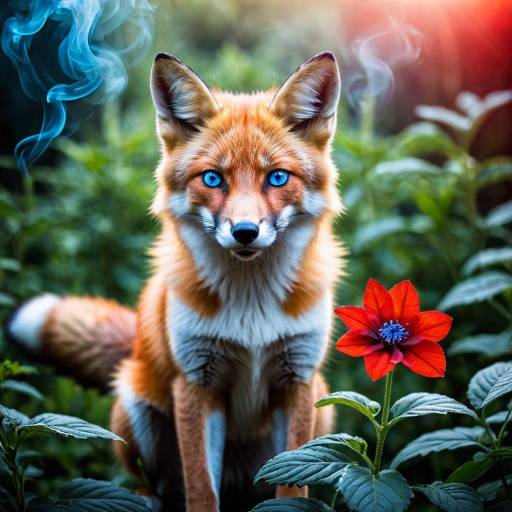 Glowing Fox with Red Flower and Smoke
