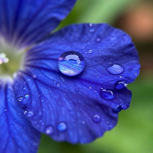 Close-up photograph of a vibrant blue flower petal with water droplets, reflecting light and surrounded by a blurred green background.