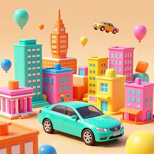 Bright, colorful CGI image of a turquoise car in a playful cityscape with pastel buildings, balloons, a flying car, and a pink bank.