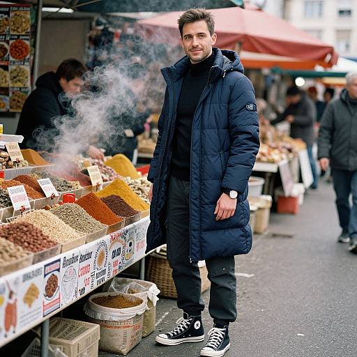 Photograph of a bearded man in a navy puffer jacket and black pants, standing at a bustling outdoor market with steaming spices and colorful displays