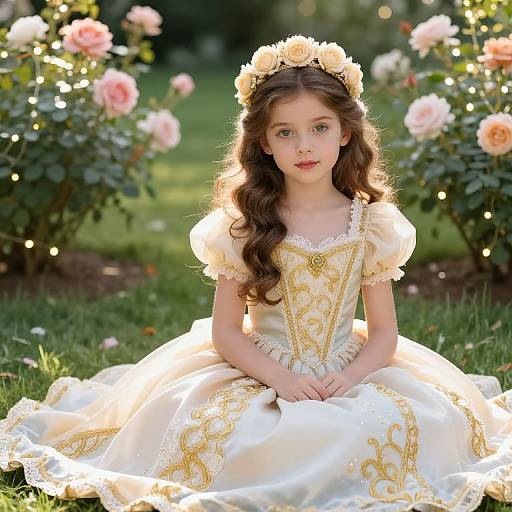 Photograph of a young girl with long brown hair, wearing a white, gold-embroidered dress and floral crown, sitting on grass in a