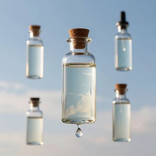 Photograph of four clear glass bottles with cork stoppers, each containing water, floating in mid-air against a blue sky background, with a single dro