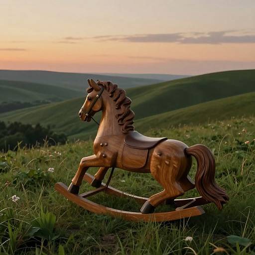 Photograph of a wooden rocking horse on a grassy hill at sunset, with rolling green hills and a pastel sky in the background.
