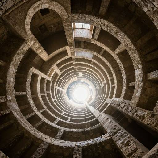 Photograph of a stone spiral staircase viewed from below, with concentric rings of rough, weathered steps leading to a bright, circular skylight