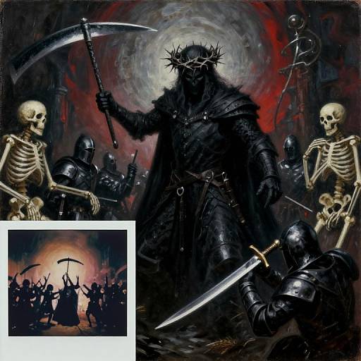 Dark, gothic digital painting of a hooded, crown-wearing figure with a scythe, surrounded by skeletons in armor, with a smaller inset