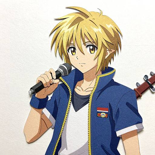 Anime-style digital drawing of a blonde boy with yellow eyes, holding a microphone, wearing a blue zip-up jacket and white shirt. Guitar strap visible on
