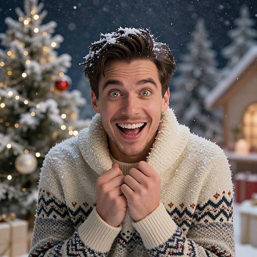 Photograph of a smiling man with snow-dusted dark hair, wearing a white, patterned knit sweater, in a snowy, Christmas-lit outdoor