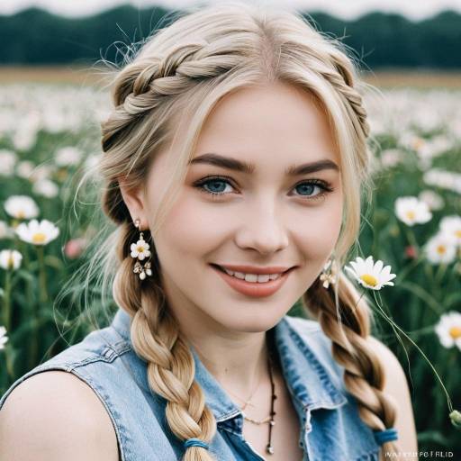 Blonde Woman with Braids in Flower Field