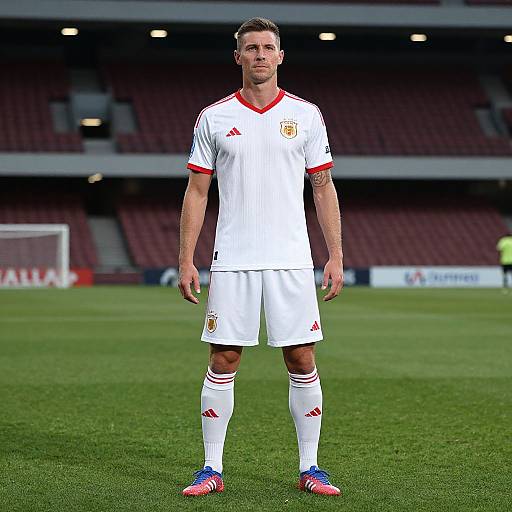 Photograph of a male soccer player in a white Spain national team uniform with red trim, standing on a green field in an empty stadium.