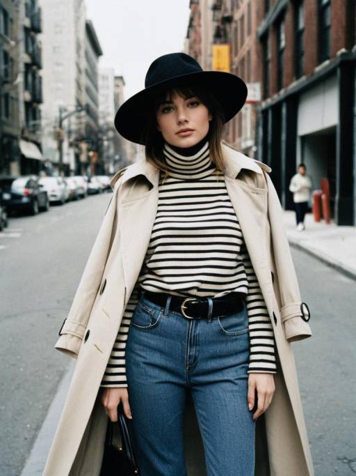 Fashionable Woman in Trench Coat and Wide-Brimmed Hat