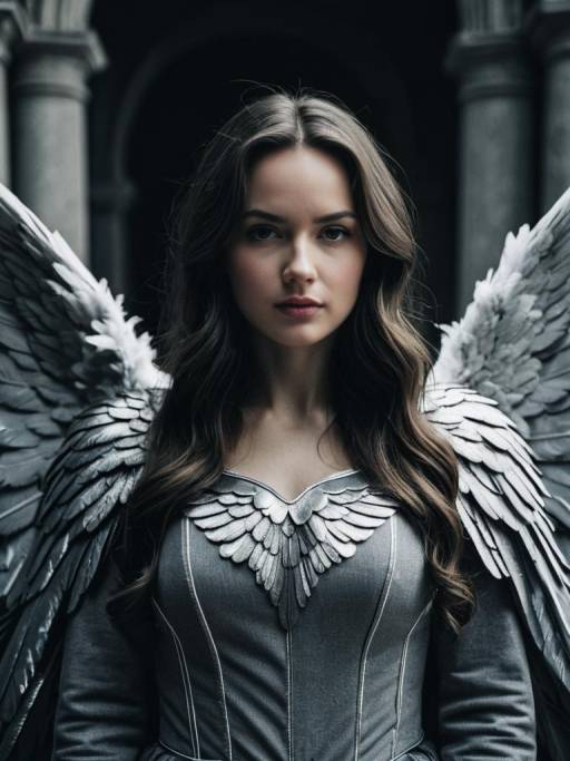 Woman in Grey Angel Wings Costume