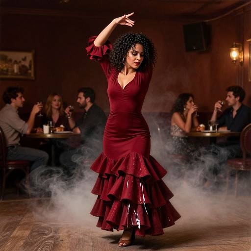 Photograph of a curly-haired woman with medium brown skin, wearing a deep red, ruffled, V-neck dress, dancing in a smoky dim