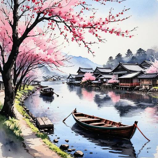 Riverside Village with Cherry Blossoms Riverside Village with Cherry Blossoms