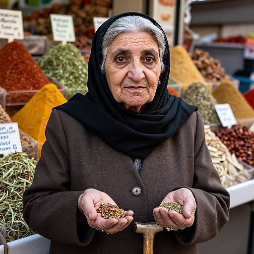 Photograph of an elderly woman with gray hair, wearing a black headscarf and brown coat, holding spices in a colorful spice market.