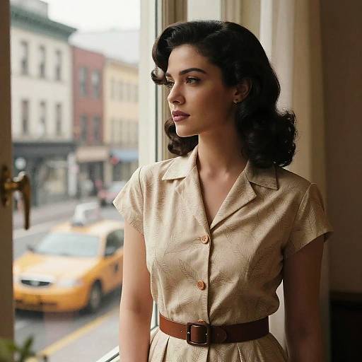 Photograph of a 1940s-style woman with dark, wavy hair, wearing a beige, patterned blouse with a brown belt, standing