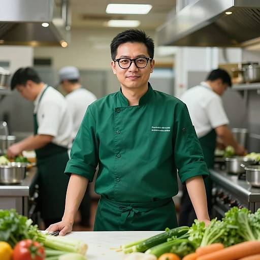 Photograph of an Asian male chef with short black hair, glasses, green uniform, standing in a modern kitchen, surrounded by other chefs and fresh vegetables