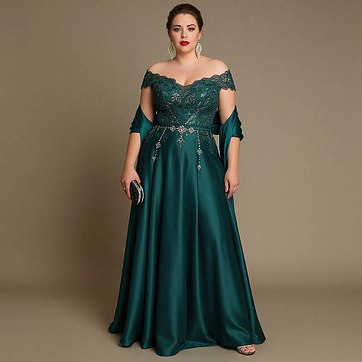 Photograph of a fair-skinned woman with red lipstick, wearing an off-shoulder, dark teal, sequined gown, and holding a black