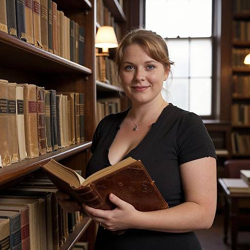 Photograph of a smiling Caucasian woman with light brown hair in a black V-neck shirt, holding an old book in a dimly lit library with wooden