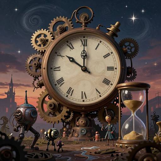 Steampunk clock with gears, Roman numerals, and hourglass under a twilight sky with stars and distant castle, featuring small mechanical figures.