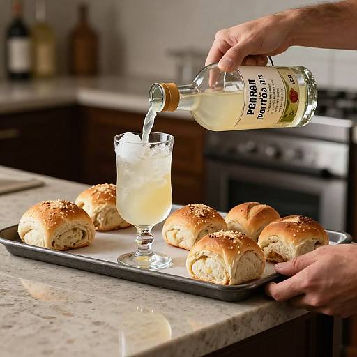 Photograph of hands pouring beer into a glass filled with ice, next to a tray of sesame seed bagels on a kitchen countertop.