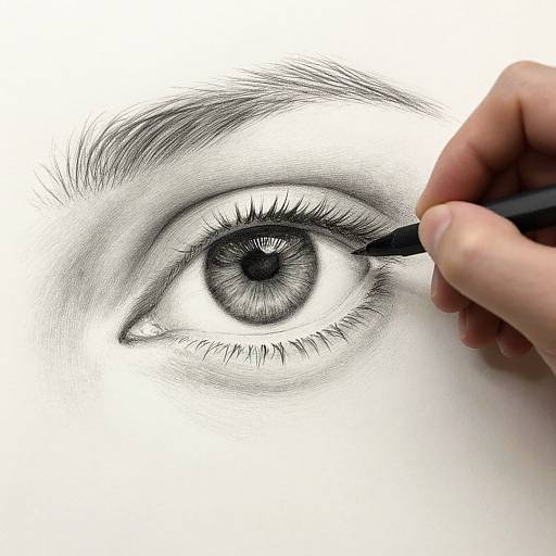 Photograph of a hand drawing a detailed, realistic black-and-white eye with a pencil, highlighting intricate iris and eyelashes.