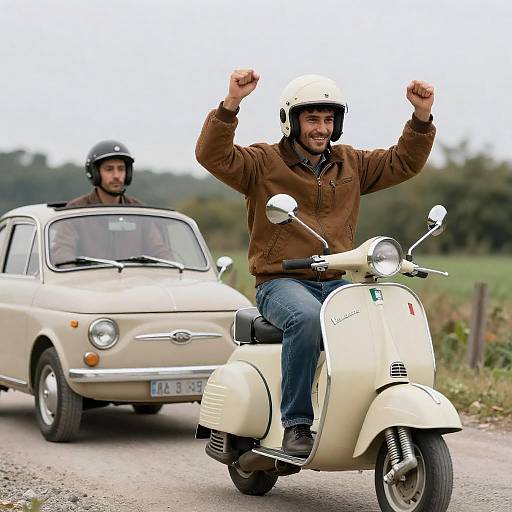 Man Celebrating on Vintage Vespa Scooter with Classic Car Behind