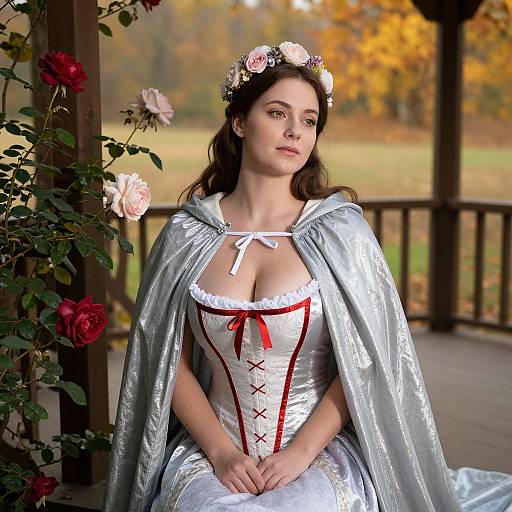 Photograph of a fair-skinned woman with dark hair, wearing a floral crown, white corset with red ribbons, and silver cape, seated