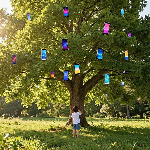Photograph of a young boy in white shirt and blue shorts, standing under a large tree with colorful, glowing rectangles floating in its branches, in a