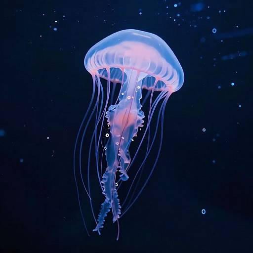 Photograph of a glowing, translucent blue jellyfish with long, flowing tentacles against a dark, starry ocean background.