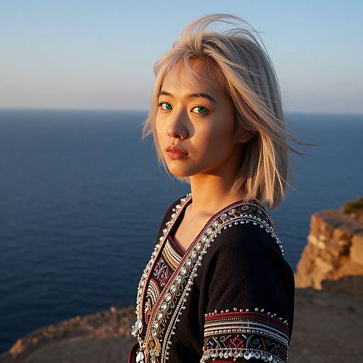 Photograph of a young Asian woman with platinum blonde hair, green eyes, wearing an intricately patterned black top, standing against a blue ocean and