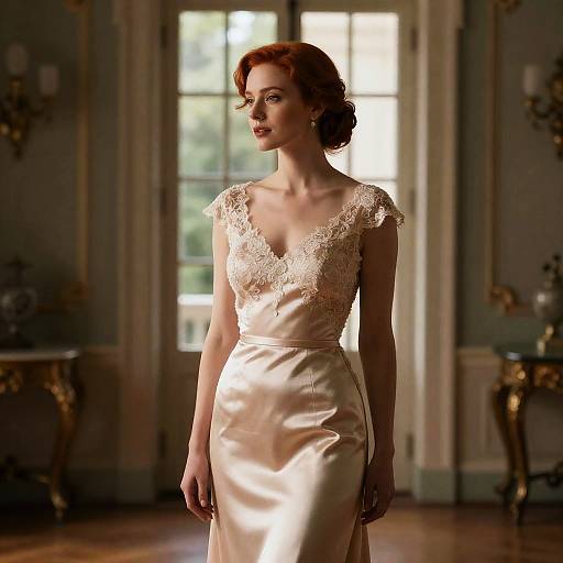 Elegant Redhead Woman in Silk Evening Gown
