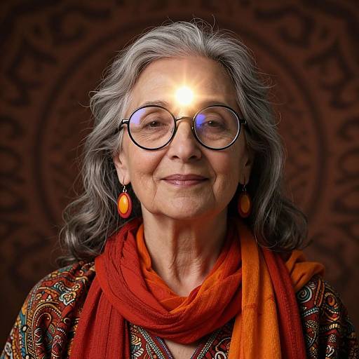 Photograph of an elderly Indian woman with gray hair, circular glasses, orange earrings, and red-orange scarf, smiling against a dark, ornate background