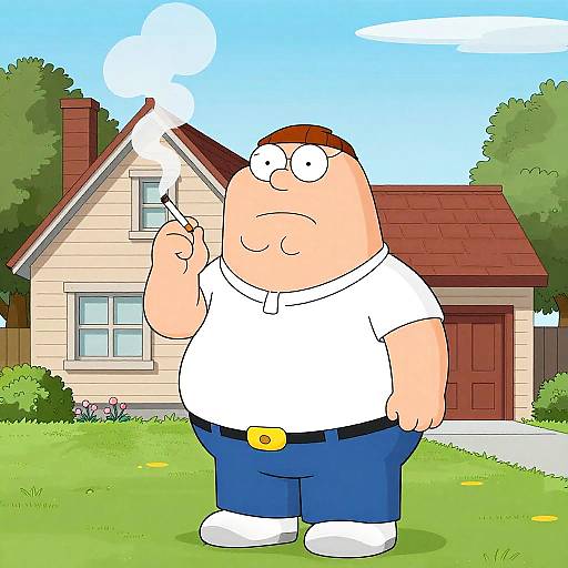 Cartoon of a chubby man with glasses, wearing a white shirt and blue pants, smoking a cigarette in front of a suburban house.