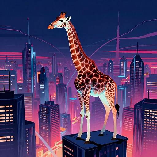 Digital illustration of a giant giraffe standing on a skyscraper in a neon-lit, futuristic cityscape at night.