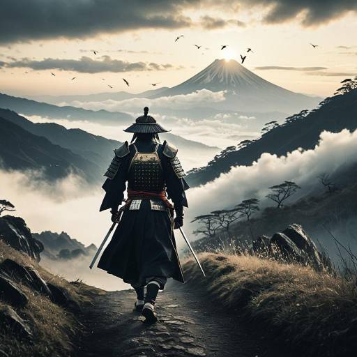 Samurai Walking Through Mountain Pass at Sunrise