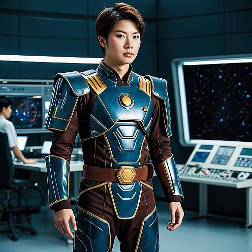 Asian man in futuristic sci-fi armor