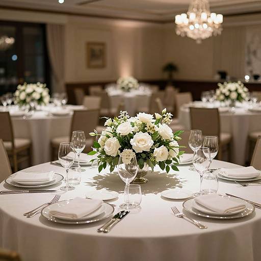 Elegant dining room photograph featuring round tables with white floral centerpieces, crystal wine glasses, and polished silverware, under a glowing chandelier.
