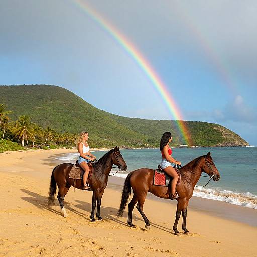 Photograph of two women, one blonde, one with black hair, riding brown horses on a sunny beach with a rainbow, palm trees, and green